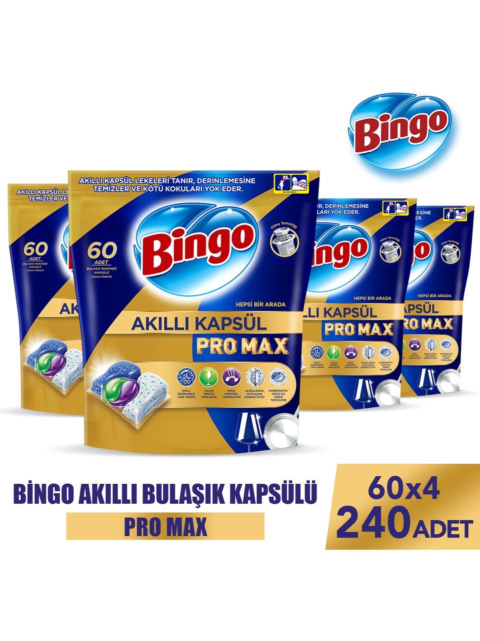 Bingo Akıllı Kapsül Pro Max 240 (4x60) Yıkama Bulaşık Makinesi Deterjanı Kapsülü/Tableti - Turqstore