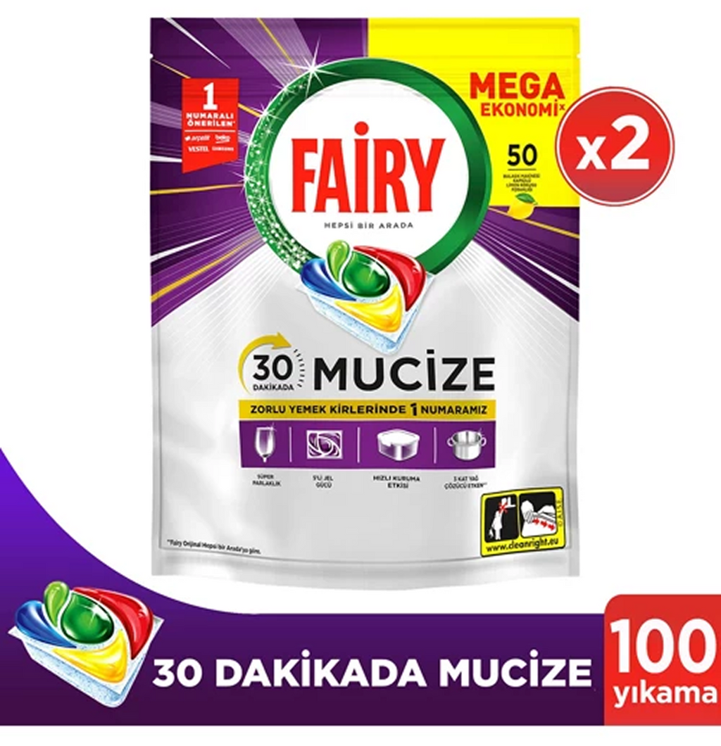 Fairy Mucize 100 Yıkama (2x50) Bulaşık Makinesi Deterjanı Kapsülü/Tableti (30dk yeter. Elektrikten tasarruf)