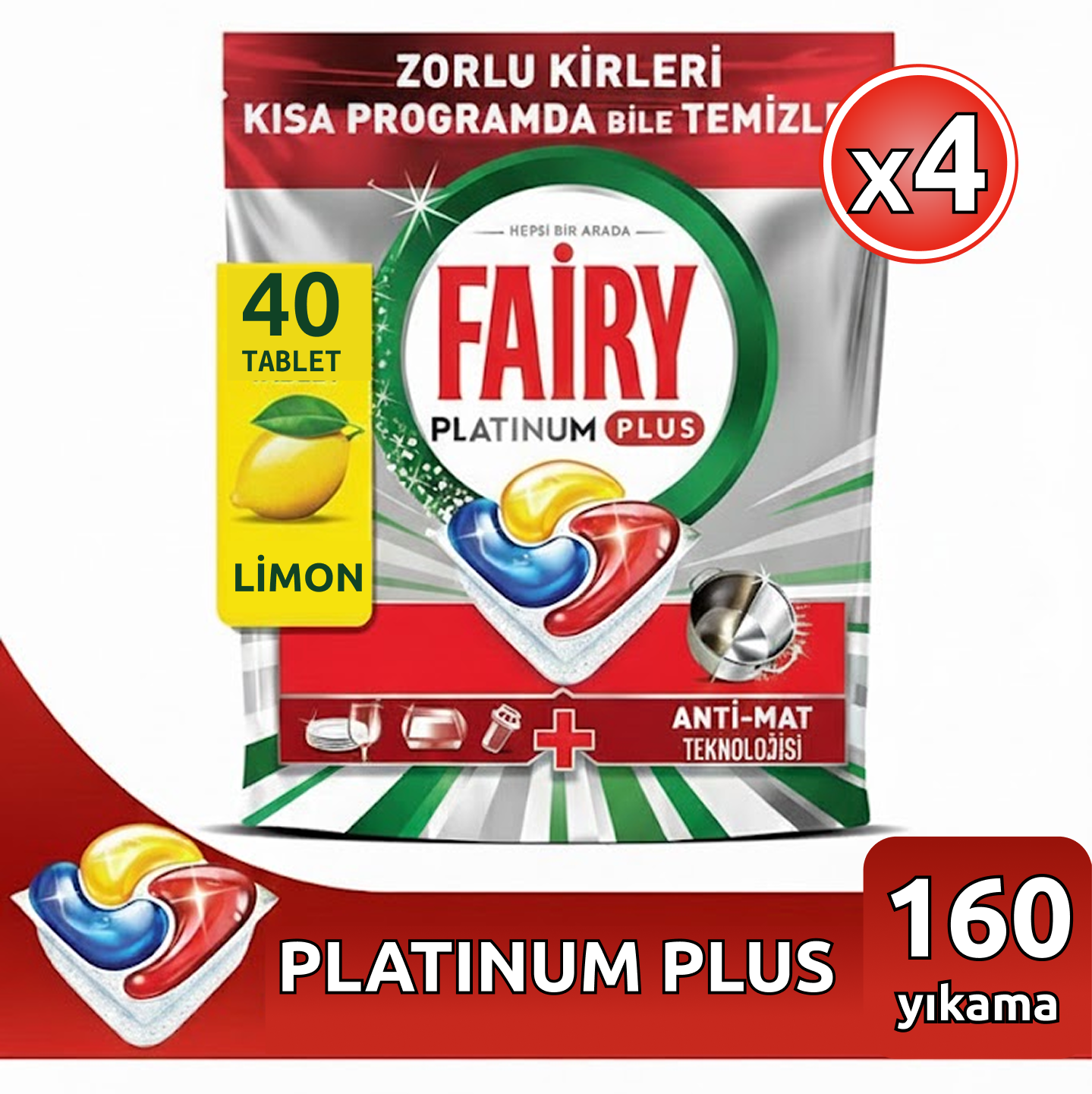 Fairy Platinum Plus 160 Yıkama (4x40) Bulaşık Makinesi Deterjanı Kapsülü/Tableti (Elektrikten tasarruf)