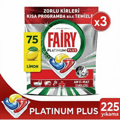 Fairy Platinum Plus 225(3x75) Yıkama Bulaşık Makinesi Deterjanı Kapsülü/Tableti Limon Kokulu - Turqstore